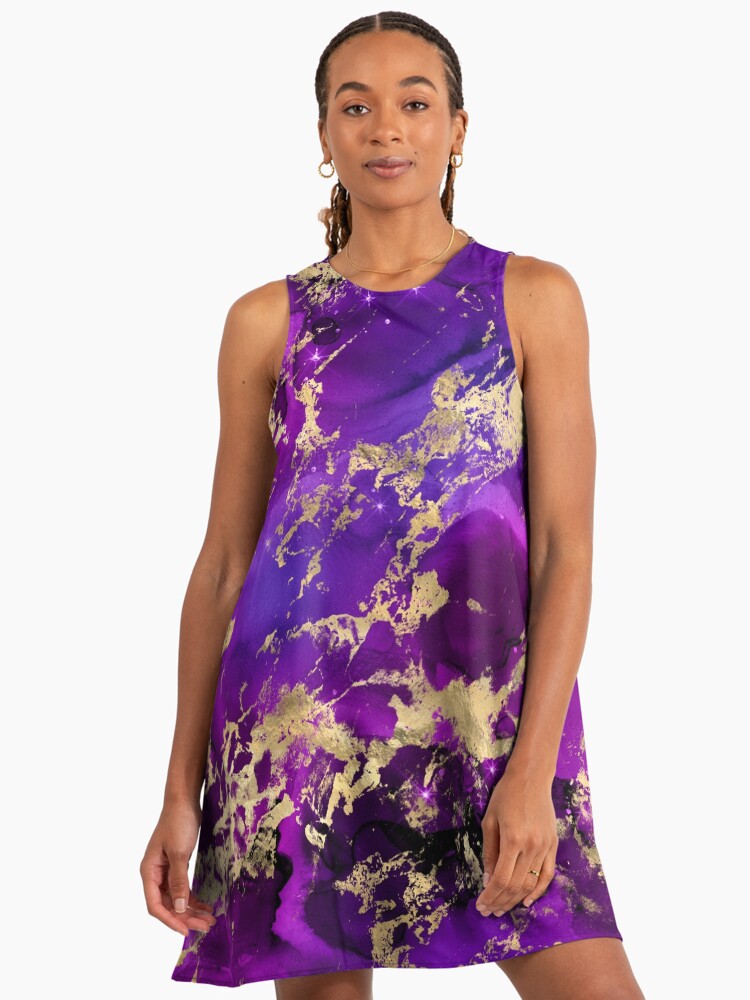 Marble Galaxy in Royal Purple and Gold Splash Star A-Line Dress
