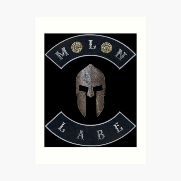Molon Labe in Rockers with Spartan Helmet Black Background Art Print