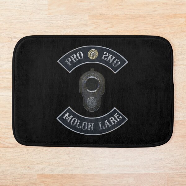 Pro 2nd Amendment, Molon Labe in Rockers with M1911 Colt 45 with Black Background Bath Mat