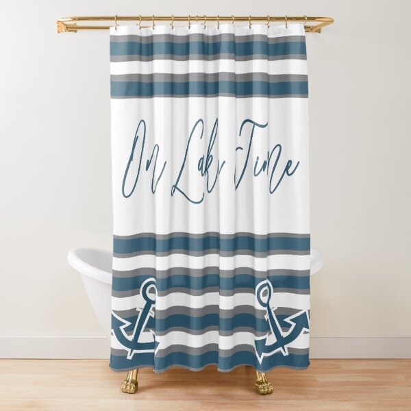 Lake House Decor - On Lake Time - blue grey white striped lake house Shower Curtain