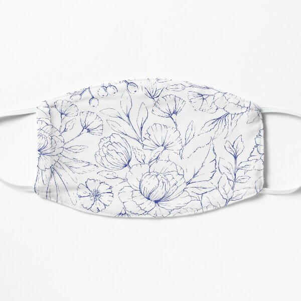 Modern hand drawn navy blue white elegant floral pattern Flat Mask