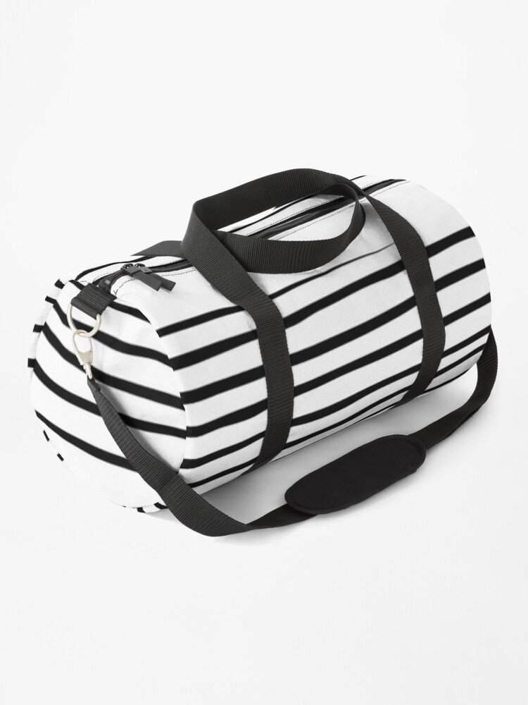 black and white striped duffle bag