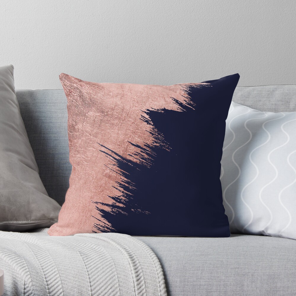 Navy blue abstract faux rose gold brushstrokes Throw Pillow