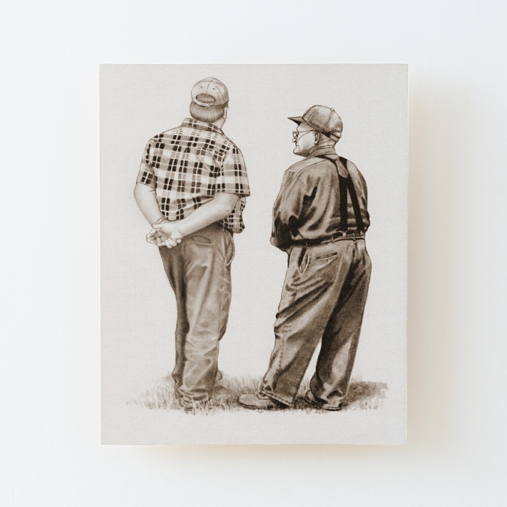 Farmer Father and Son, Country Folk, Realism Pencil Drawing, Sepia