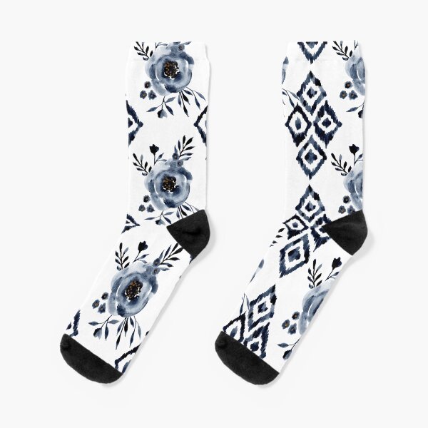 Indigo Watercolor Roses and Rhombus Patter Socks