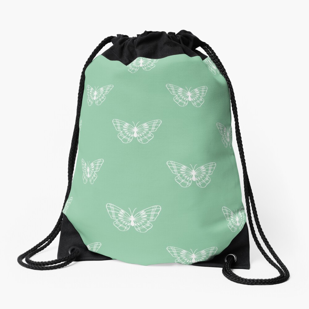 "Sage green butterflies pattern" Drawstring Bag by