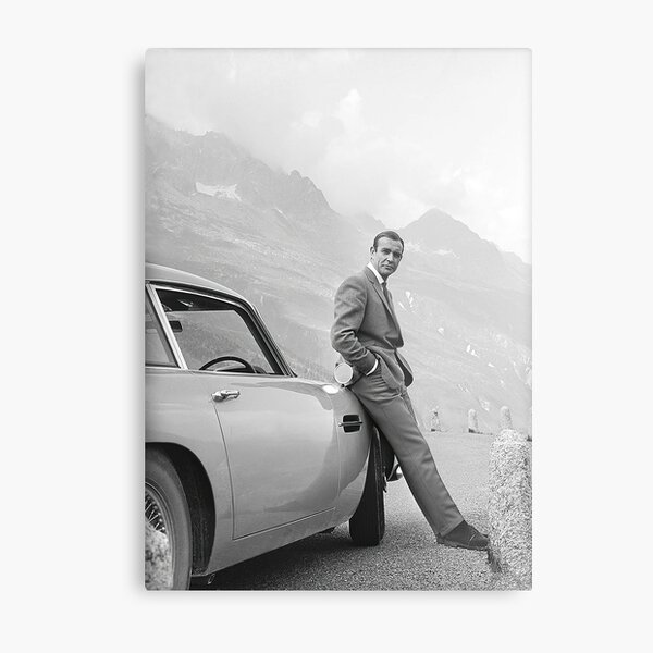 Sean Connery and Sports Car, Black and White Vintage Art Metal Print