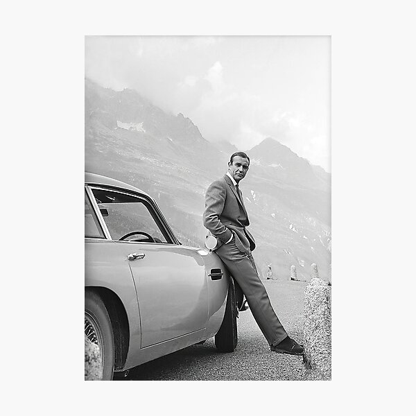 Sean Connery and Sports Car, Black and White Vintage Art Photographic Print