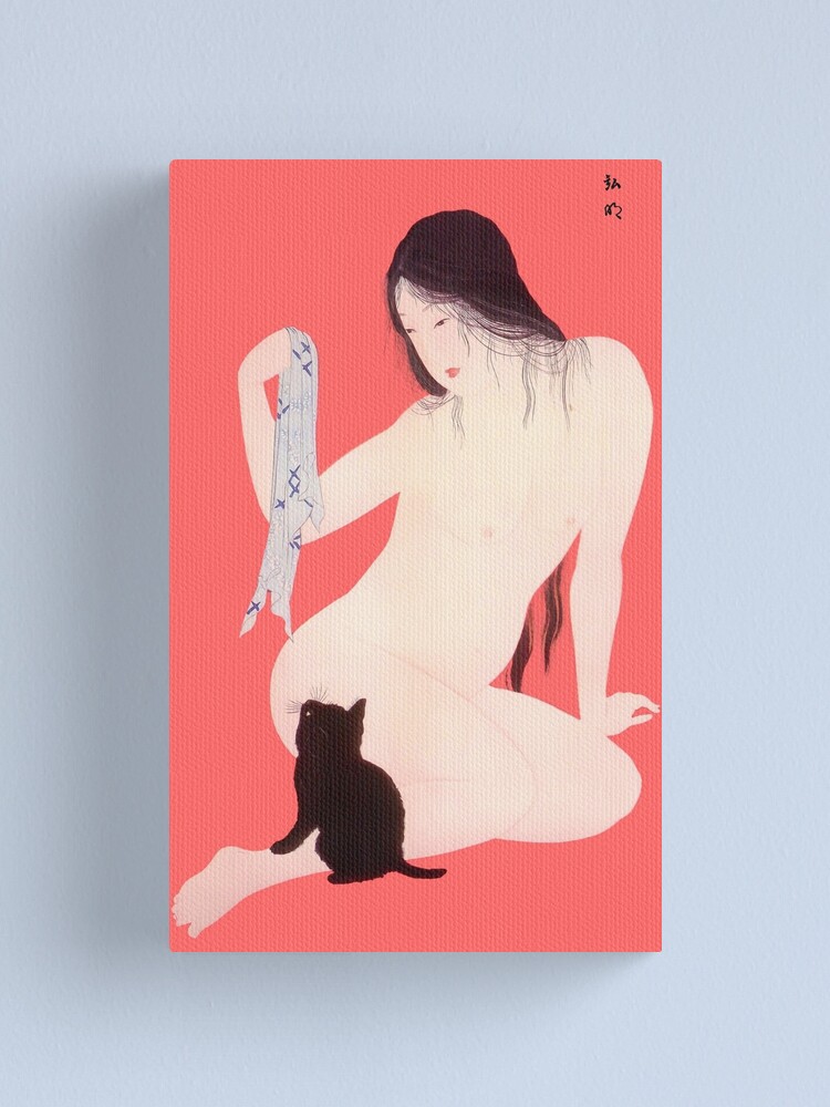 Alternate view of Hiroaki Takahashi (Shotei) - Nude Woman Playing with a Cat - 1930 Artwork Reproduction for Wall Art, Prints, Posters, Tshirts, Men, Women, Kids Canvas Print
