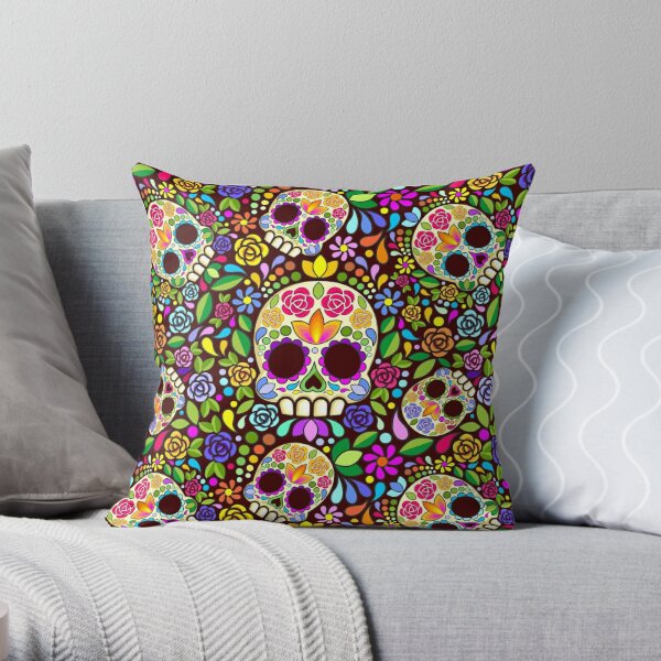 Sugar Skull Floral Art Mexican Calaveras Seamless Pattern  Throw Pillow