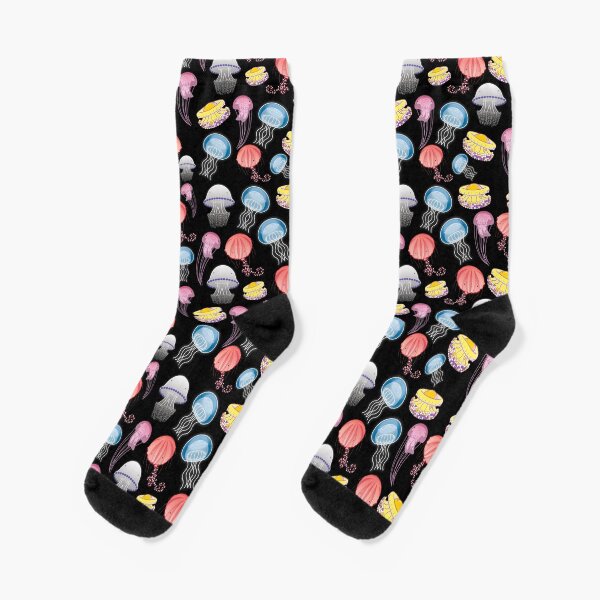 Jellyfishes of the Mediterranean Sea illustration with colorful pattern of jellyfishes on black background decor Socks