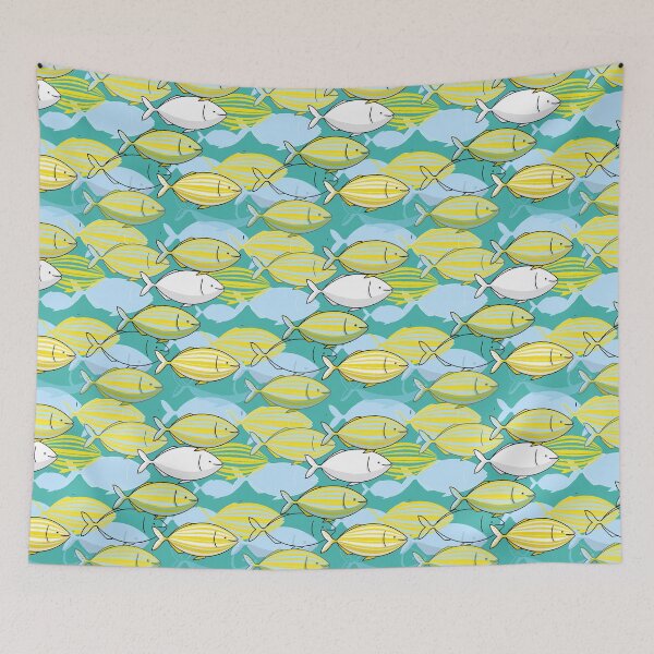 Item preview, Salpa Salpa or dreamfish illustration with pattern of yellow striped fishes from the Mediterranean Sea on mint background designed and sold by tostoini.