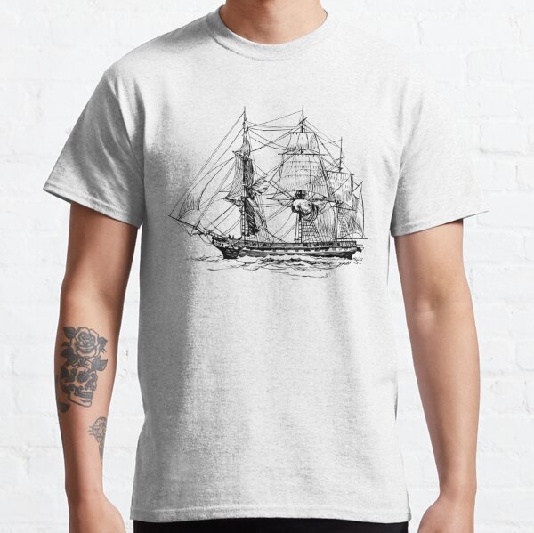 BanyanTreeClothing Pirate Ship T-Shirt, Sailing Ship, Indigo Blue, Tall Ship, Art T-Shirt, Mens Long Sleeve, Gift for Dad