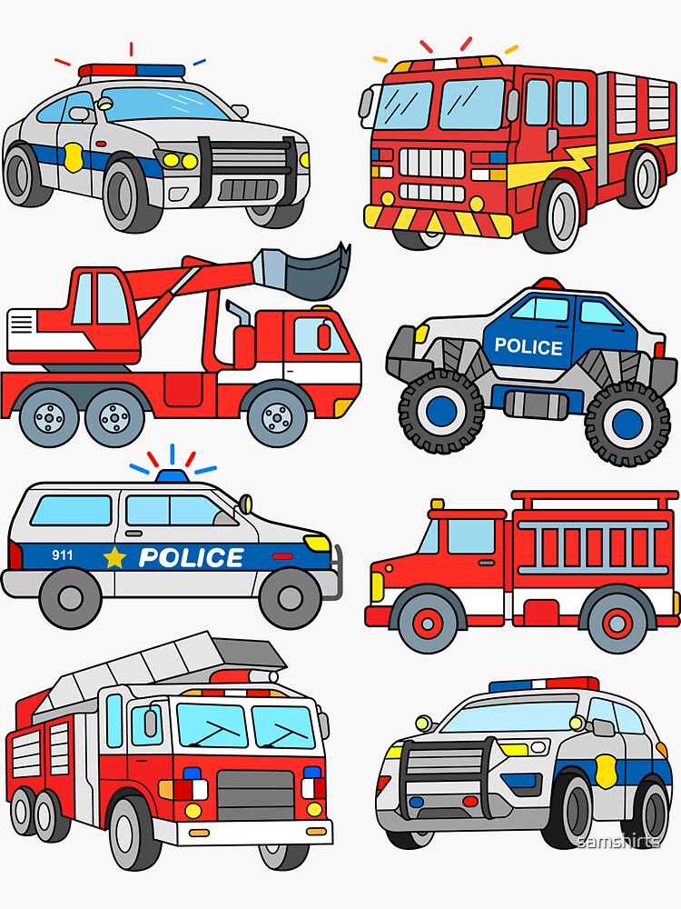 Firetrucks and Police Cars Sticker for Sale by samshirts