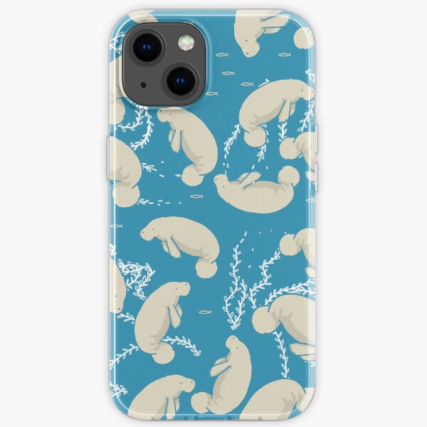 Lamentino the manatee pattern - lots and lots of manatees on teal blue background with yellow fishes and seaweeds iPhone Soft Case