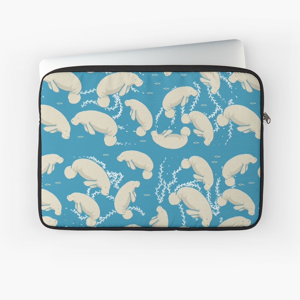 Lamentino the manatee pattern - lots and lots of manatees on teal blue background with yellow fishes and seaweeds Laptop Sleeve