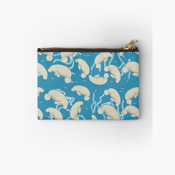 Item preview, Lamentino the manatee pattern - lots and lots of manatees on teal blue background with yellow fishes and seaweeds  designed and sold by tostoini.