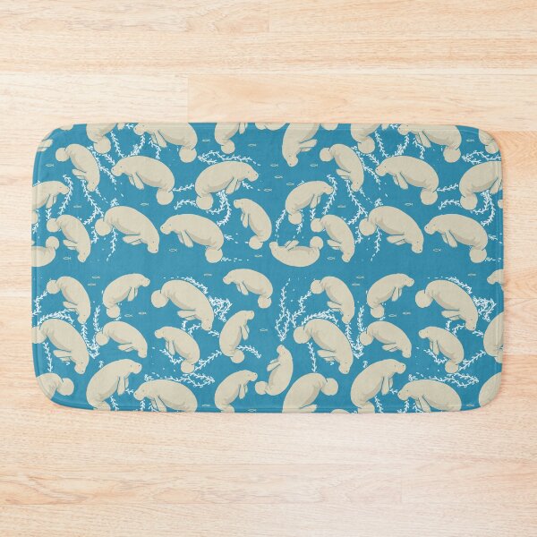 Item preview, Lamentino the manatee pattern - lots and lots of manatees on teal blue background with yellow fishes and seaweeds  designed and sold by tostoini.