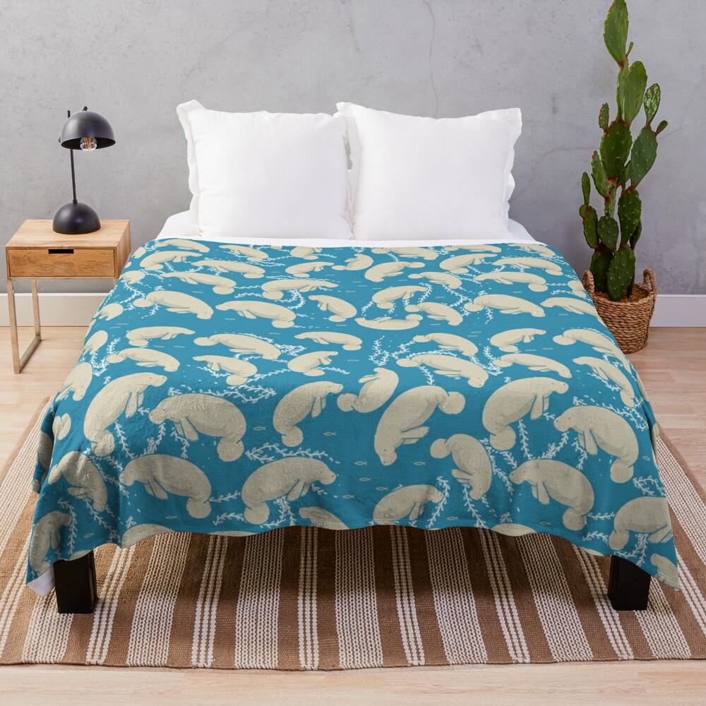 Special purchase Lamentino the manatee pattern lots and lots of manatees on teal blue background with yellow fishes and seaweeds Throw Blanket Bl-5RMPMOGD
