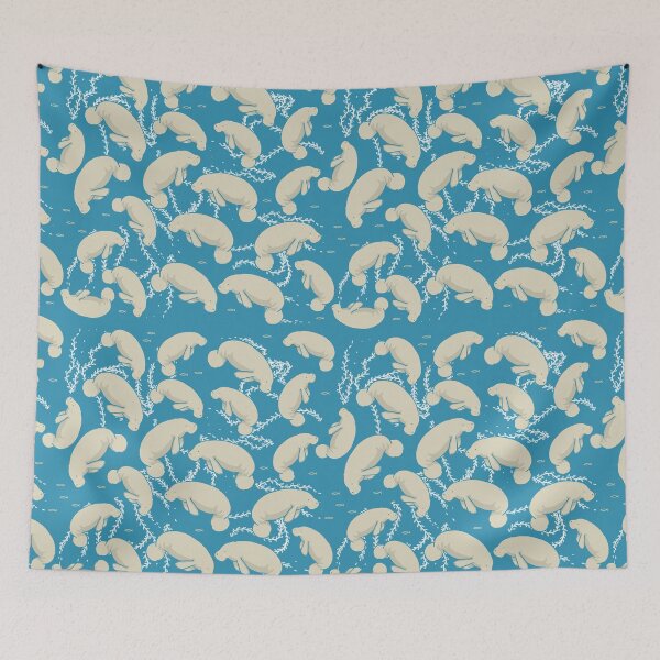Item preview, Lamentino the manatee pattern - lots and lots of manatees on teal blue background with yellow fishes and seaweeds  designed and sold by tostoini.