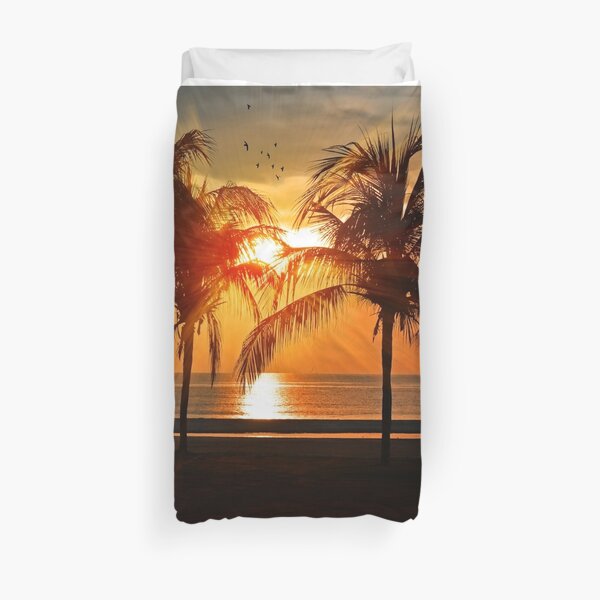 sunset beach palm tree Duvet Cover