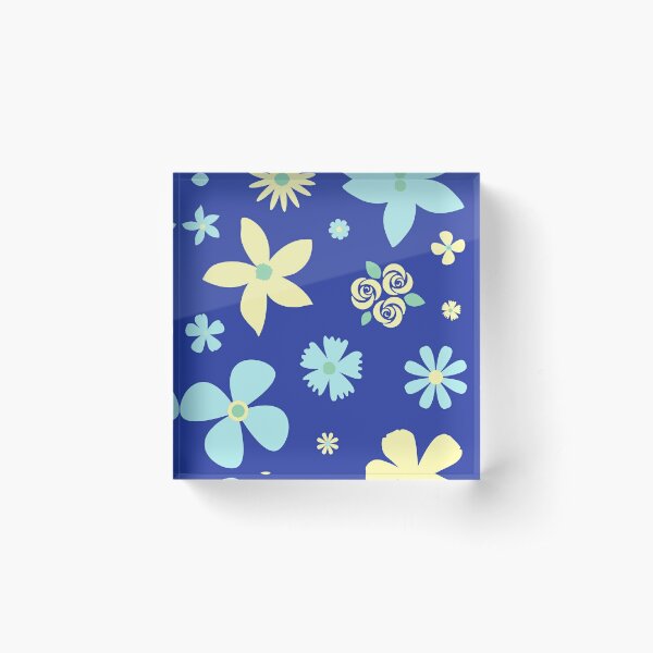 Blue and Yellow Flowers on Navy Background Acrylic Block