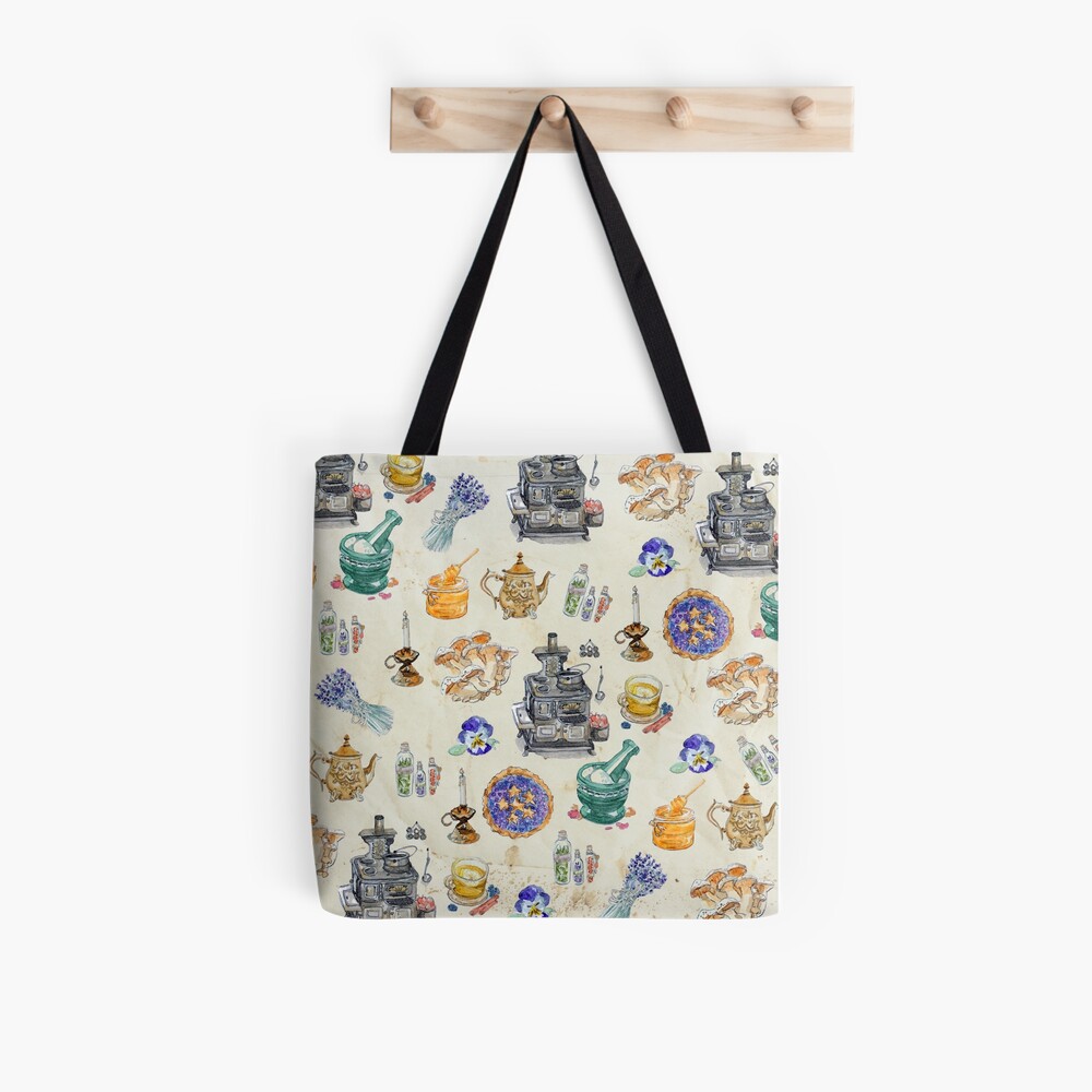 Whimsical Kitchen Witch Pattern on Tea Stained Paper Background Tote Bag