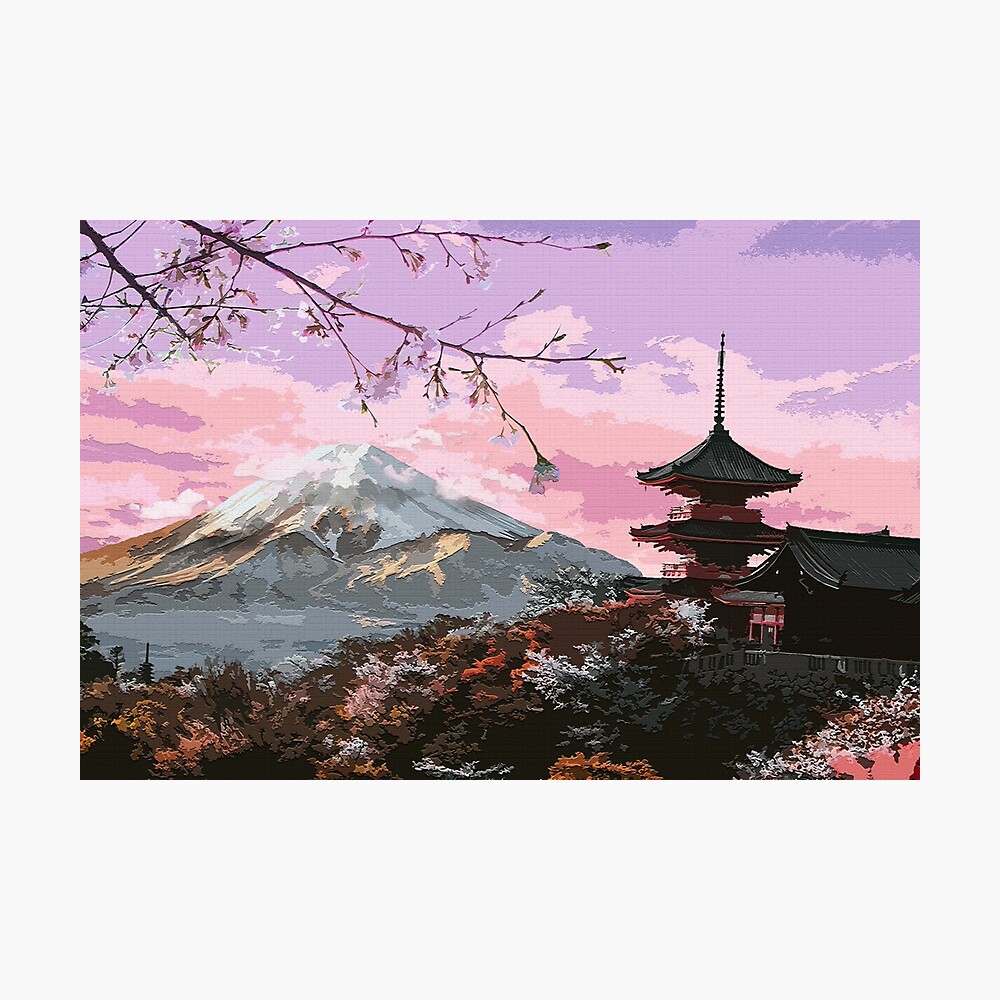 Japan style nature with a temple at dawn, Mt. Fuji in background