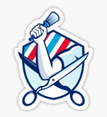 Barber Hand Holding Brush Scissors Shield Retro Sticker