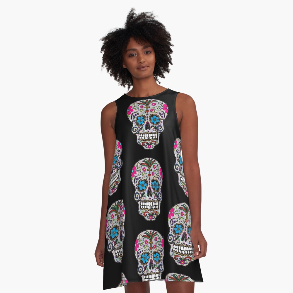 sequin print Sugar Skulls A-Line Dress
