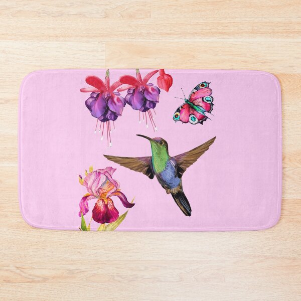 Item preview, Hummingbird and butterfly flying towards some fuchsia and iris flowers designed and sold by gabmenfer.