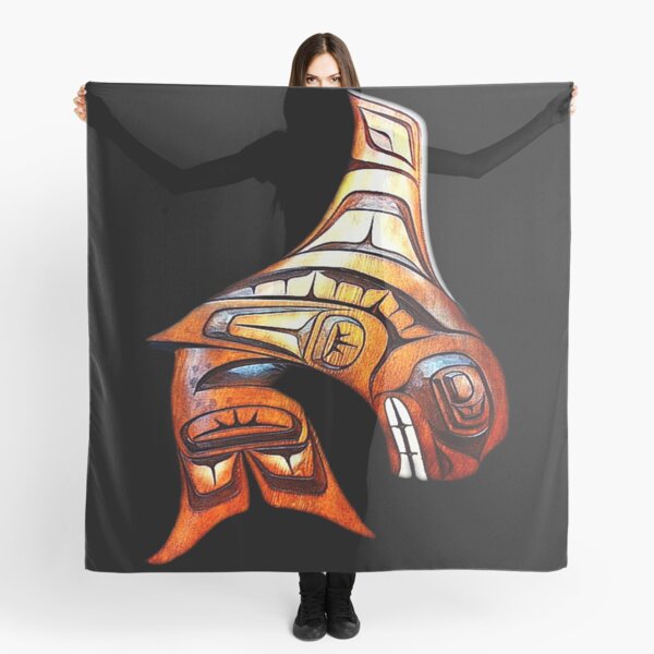 Native American Indian Orca Whale Pacific Northwest Tribal Geometry Pattern Scarf