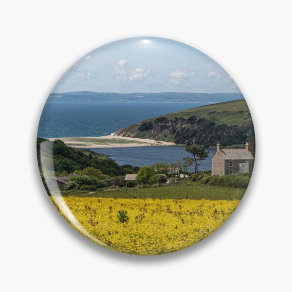Item preview, Penrose Cornwall farmland woodland natural lake loe pool loe,loe bar Cornwall with yellow spring flowers designed and sold by kathleenjean.