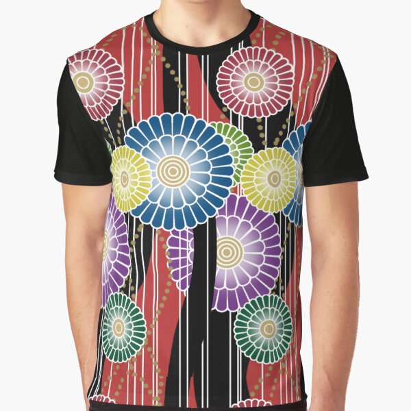 Japanese Mixed Colour Floral Pattern Graphic T-Shirt