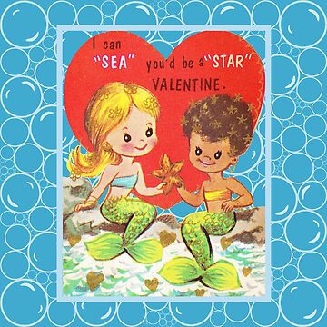 Artwork thumbnail, "Dream Girls" in Blue - Vintage Retro Valentine's Day Card Mermaid Siren Love Red Hearts Ocean Sea Water by CanisPicta