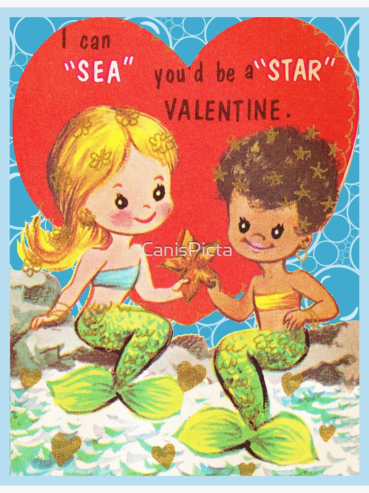Artwork view, "Dream Girls" in Blue - Vintage Retro Valentine's Day Card Mermaid Siren Love Red Hearts Ocean Sea Water designed and sold by CanisPicta