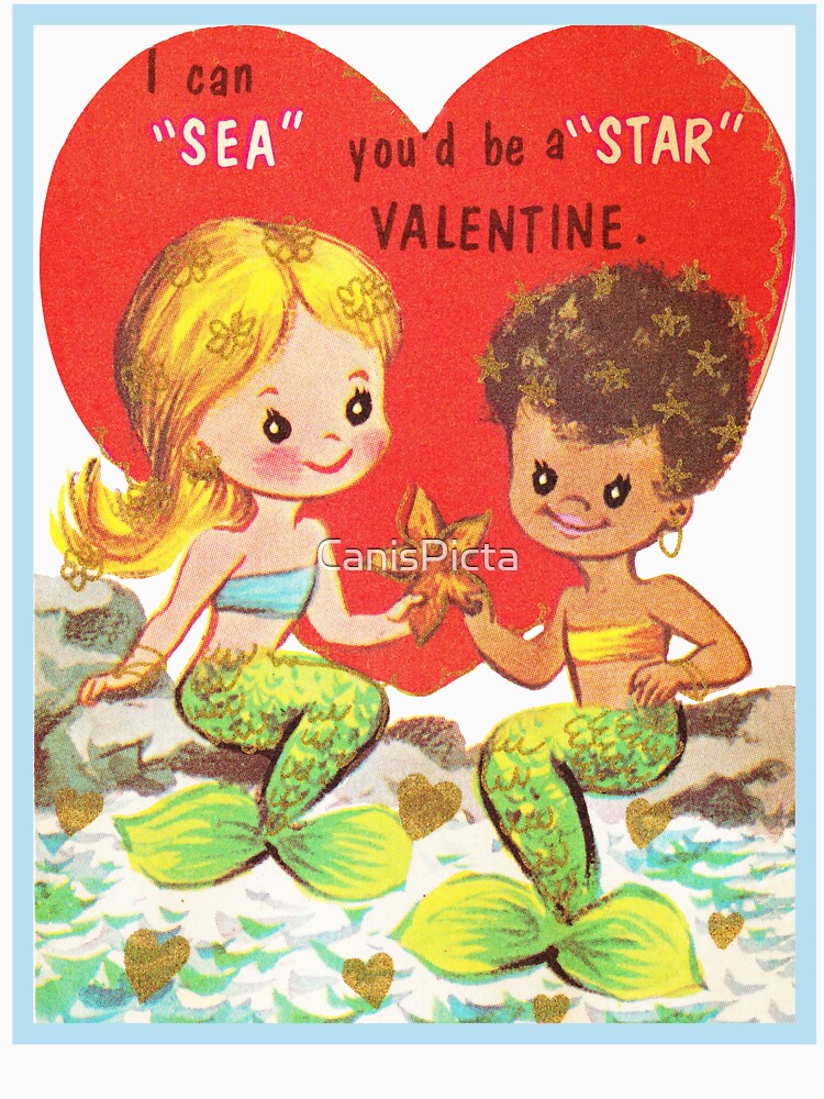 "Dream Girls" in Blue - Vintage Retro Valentine's Day Card Mermaid Siren Love Red Hearts Ocean Sea Water by CanisPicta