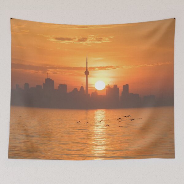 Item preview, Tangerine Mist - Toronto Skyline Sunrise with Flying Birds designed and sold by Georgia Mizuleva.