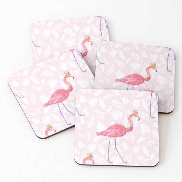 Aperçu de l'œuvre Flamant rose avec couronne, peint à l'aquarelle sur des feuilles de palmier roses tropicales créée et vendue par MagentaRose.