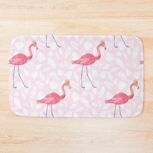 Aperçu de l'œuvre Flamant rose avec couronne, peint à l'aquarelle sur des feuilles de palmier roses tropicales créée et vendue par MagentaRose.