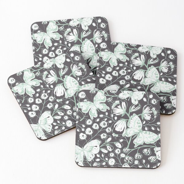 Item preview, Green Linear Butterfly Floral Print on Charcoal Grey Background. designed and sold by cgroenewald.