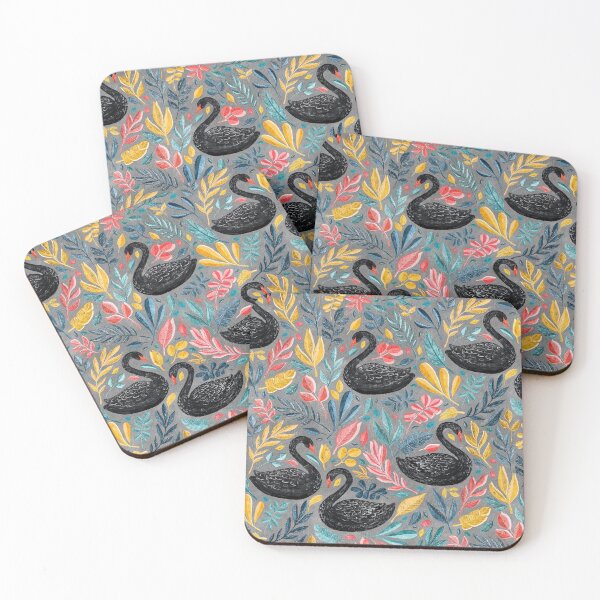 Item preview, Bonny Black Swans with Lots of Leaves on Grey  designed and sold by micklyn.