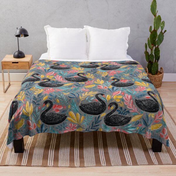 Item preview, Bonny Black Swans with Lots of Leaves on Grey  designed and sold by micklyn.