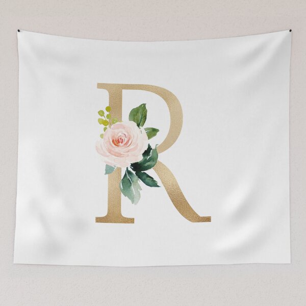 Artikelvorschau, Monogrammbuchstabe R - Kunstgoldfolie und rosa-weiße Blumen und grüne Blätter entworfen und verkauft von Citronelladesig.