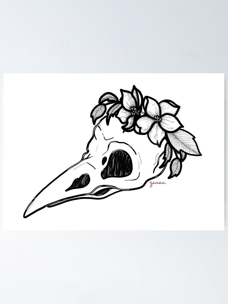 Bird skull with flowers
