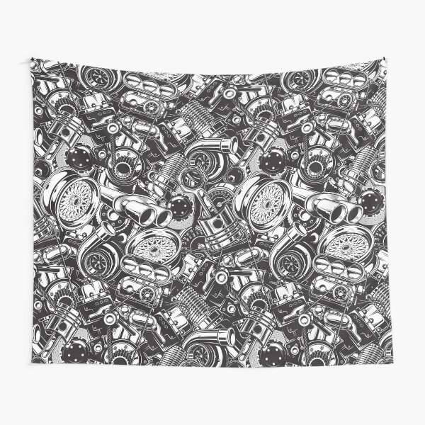 Automobile Spare Parts - Car Engine, Piston and Wheels - Petrol Head Auto Garage Art Tapestry