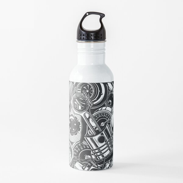 Automobile Spare Parts - Car Engine, Piston and Wheels - Petrol Head Auto Garage Art Water Bottle