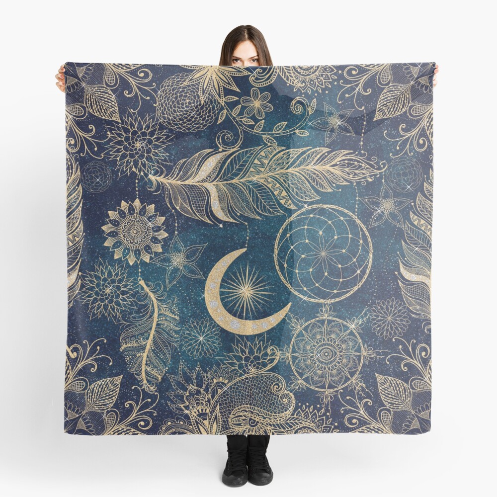 Whimsy Gold Glitter Dreamcatcher Feathers Mandala Scarf