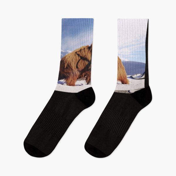 Item preview, woolly mammoth bulls fighting, prehistoric ice age mammals in snow covered landscape designed and sold by DottedYeti.