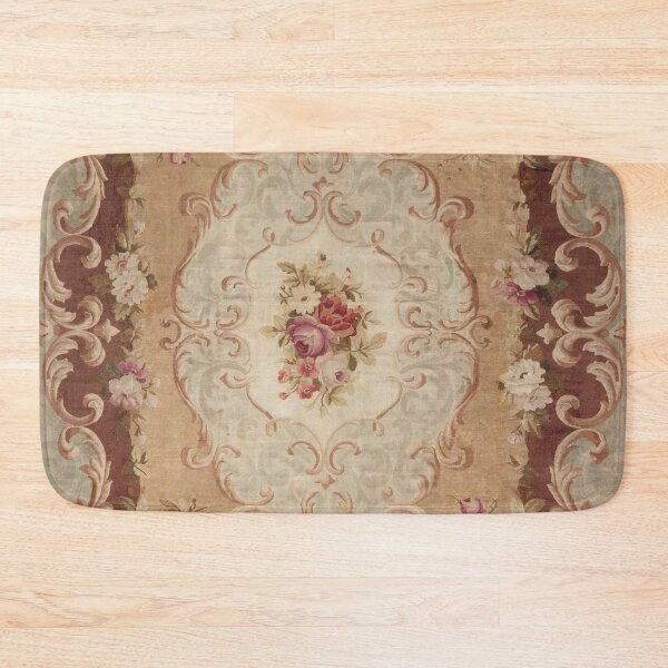 Vista previa del artículo con la obra «Alfombra Aubusson francesa antigua con estampado floral rosa», diseñado y vendido por Vicky Brago-Mitchell®.